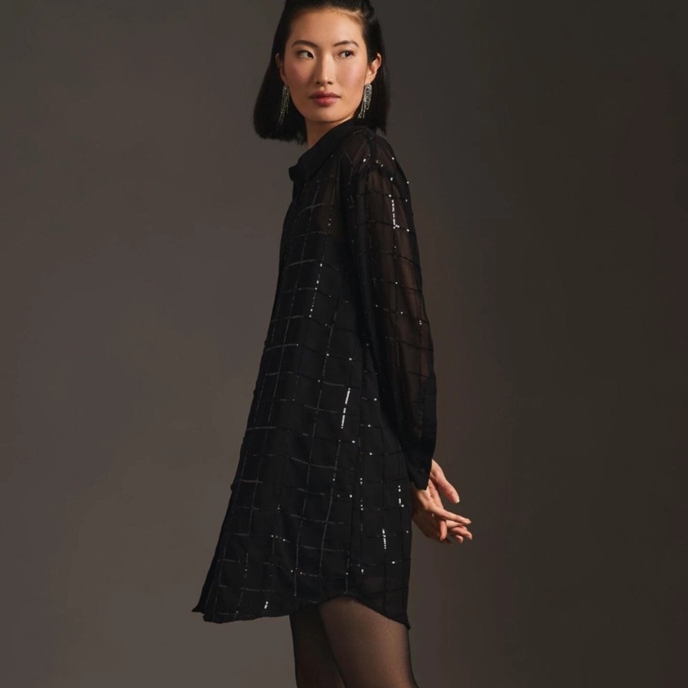 Anthropologie-Rinku Dalamal Black Sequin Shirt Dress (S)